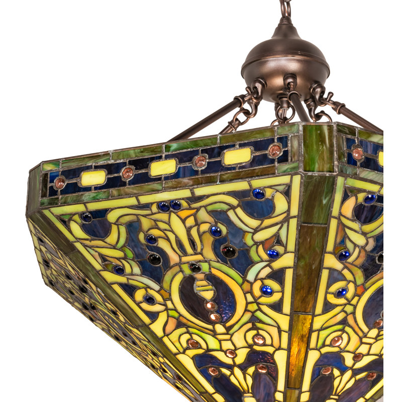 Luminaire suspendu géométrique unique / remarquable à 3 lumières élisabéthaines Tiffany