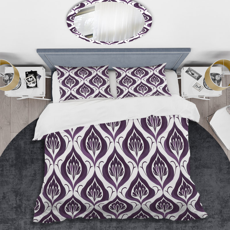 Ensemble de housse de couette moderne mauve blanc damassé Elegance IV, Housse de couette pour grand lit et 2 taies décor