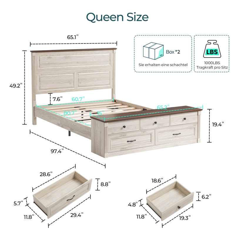 Farmhouse Queen Bed With Headboard And Storage Bench
