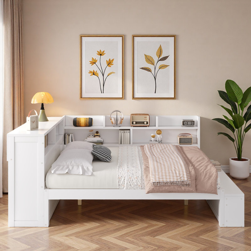 L-shaped Daybed With Storage Cabinets, Shoe Cabinet And Usb Ports, White