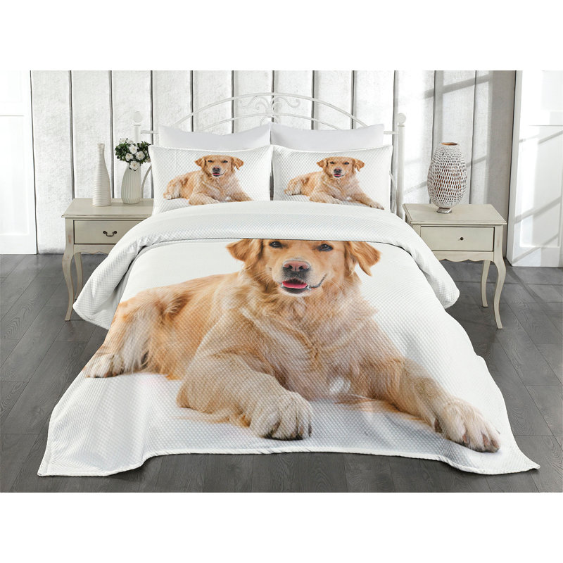 Golden Retriever Print White Quilted Queen Bedspread Set