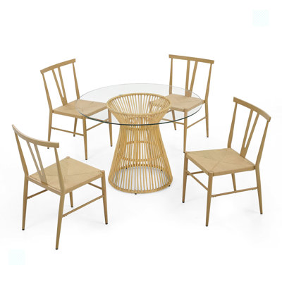 Ensemble de salle à manger Kentiga 5 pièces, plateau de table rond en verre trempé + base en rotin et chaises en métal