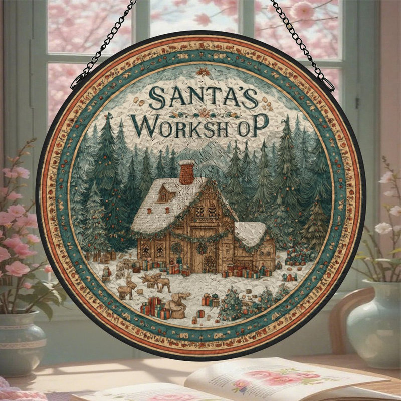 Vitrail d'atelier de Noël Santas, 6,3 x 6,3 po (16 x 16 cm)