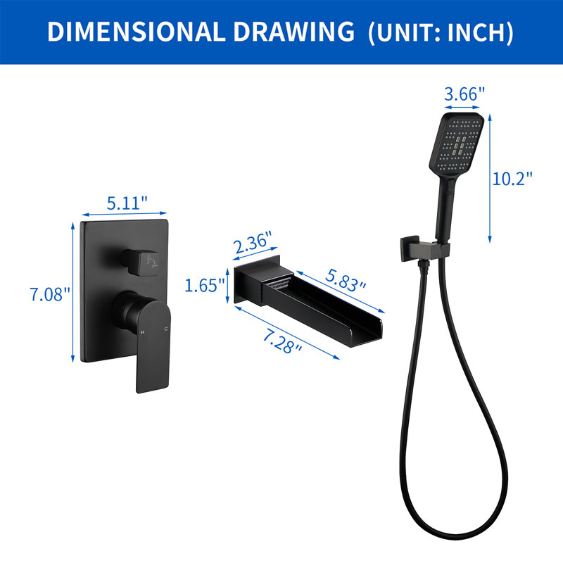 Ensemble de robinet de baignoire avec douchette à main avec valve brute, Noir mat
