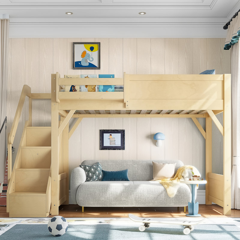 Twin Size Solid Wood Loft Bed with Built-in Wardrobe, Storage, Guardrails & Stairs, Natural, Natural, Twin