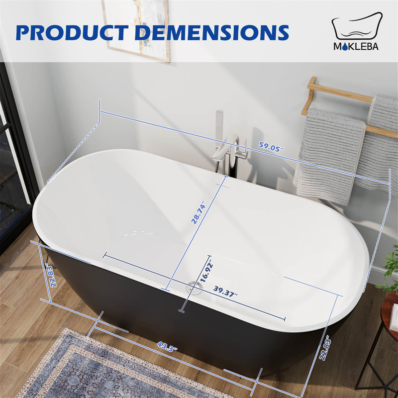 Baignoire de trempage autoportante L 59 po x l 29 po avec drain chromé double