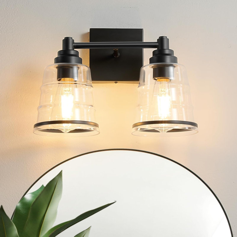 Luminaire de meuble-lavabo moderne à 2 lumières avec abat-jour en verre transparent, applique murale en métal noir pour éclairage en miroir, ampoules à culot exclu E26