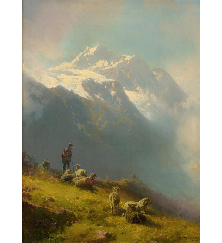 «A Shepherd with His Flock» par Hermann Ottomar Herzog - Art mural sur toile tendue avec châssis, H 18 po x l 14 po