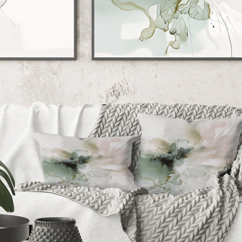 Green And Cream Essence Of Modernity I - Abstract Marble Printed Throw Pillow, 16" x 16"