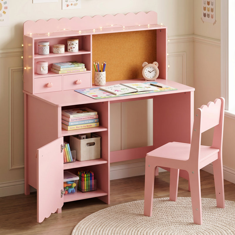 Pink Desk and Chair Set with Storage Cabinet and Cork Board, Pink