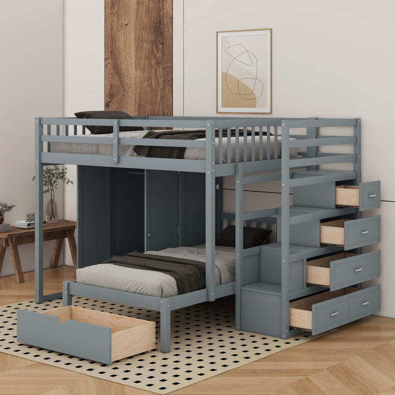 Lit superposé double au-dessus de simple avec garde-robe et tiroirs, Gris