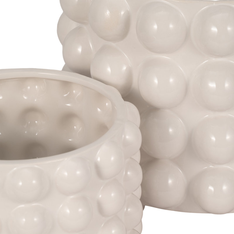 Pot de fleurs en grès et en porcelaine avec motif de bulles texturées et surface sphérique surélevée pour un décor décoratif et un ensemble de 2 de style moderne
