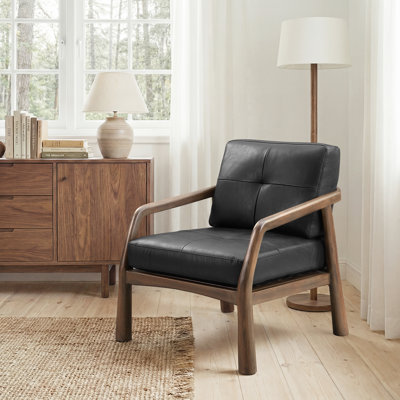29.5" Wide Full-Grain Genuine Leather Upholstered Accent Armchair With Solid Wood Frame