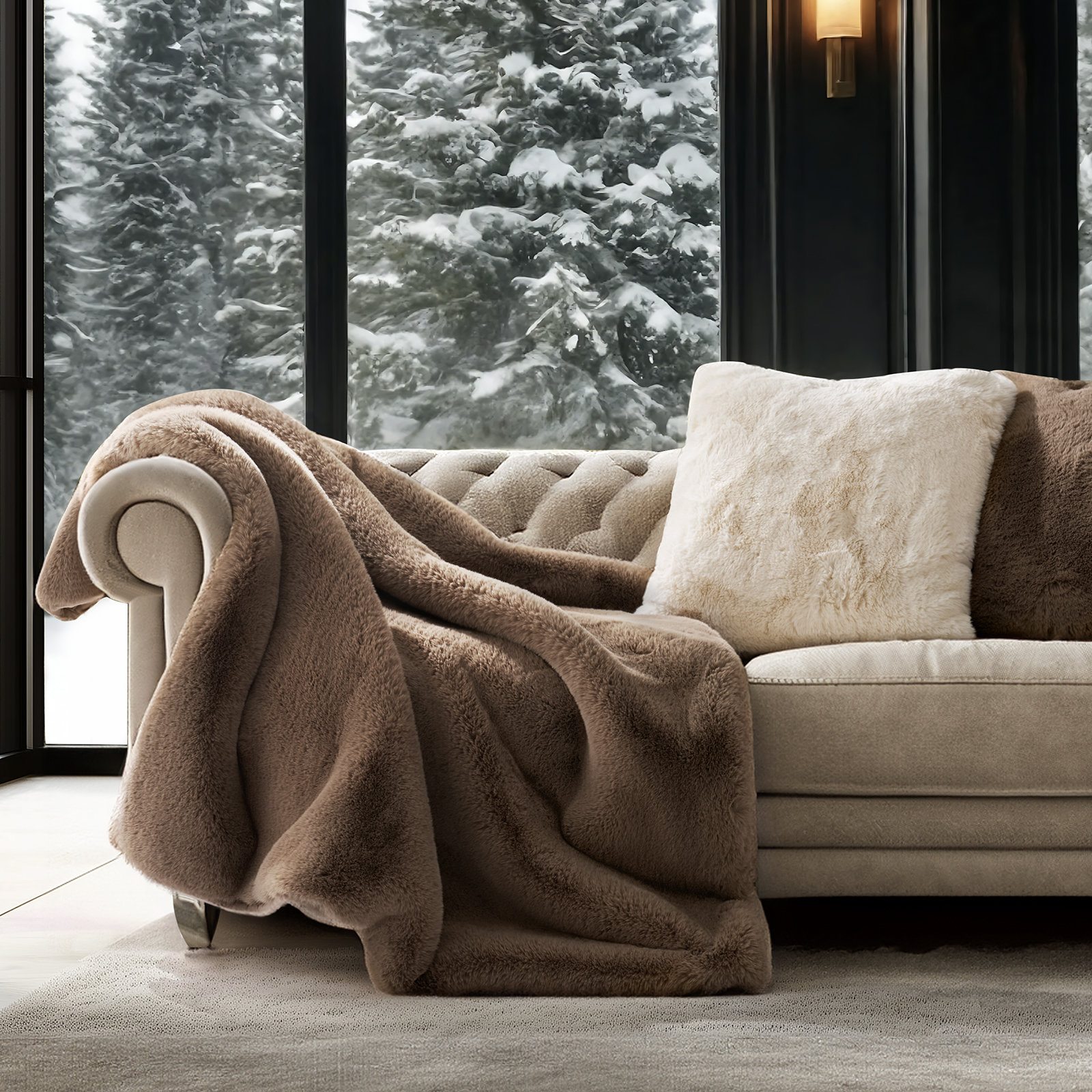 Luxury Soft Faux Chinchilla Fur Throw Blanket 1220GSM, 80" L x 60" W, Birch Mink