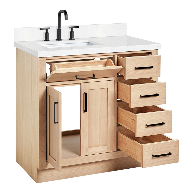 Meuble-lavabo simple en bois massif 36 po Tidworth avec plateau en quartz Carrara de 1,5 po, Chêne naturel, Gauche