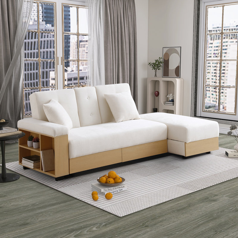 Canapé-lit convertible avec rangement spacieux, Mélange de coton beige
