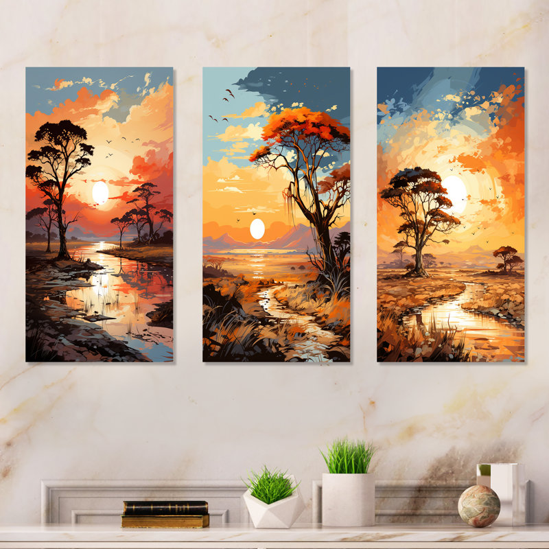 «African Sunset Essence» Savane Harmony I - Arbre, ensemble de 3 impressions sur métal d'Afrique, H 32 po x l 48 po