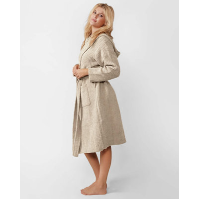 Ribbed Microfiber / Microsuede Fleece Mid-Calf Bathrobe with Pockets and Hood