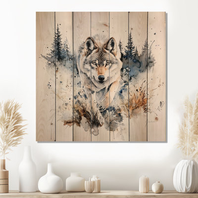 Loup qui court dans la forêt I - Art mural moderne sur bois de pin naturel
