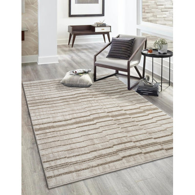  8X10 Ft Modern Abstract Area Rug | Striped Large Carpet For Home Office | Beige Brown