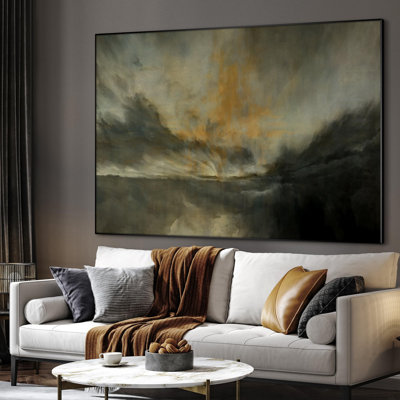 Extra Large Wall Art Fabric Print - Framed Moody Sunset Landscape Dramatic Sky Over Lake Illustration Artwork Decor for Living Room or Bedroom - "Frame Assembly Required (Unfinished Frame)"