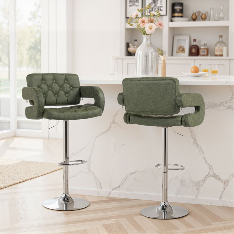 Upholstered Adjustable Height Counter Stool with Metal Frame, Green