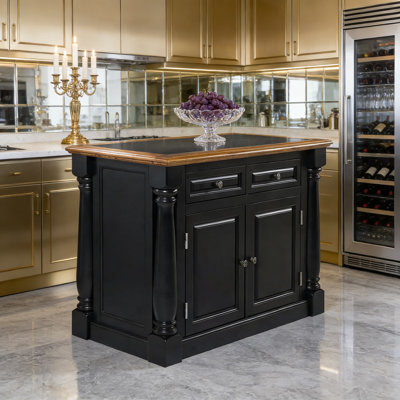 Îlot de cuisine avec comptoir en granit, finition chêne vieilli, tiroirs de rangement et armoire, barre de petit-déjeuner extensible, largeur de 48 pouces