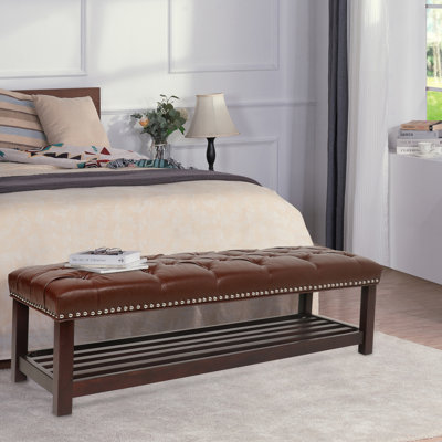 Bedroom End Of Bed Bench Tufted Upholstered End Of Bed Bench End Of Bed Entrance Shoe Bench, 60" With Nailhead Trim And Shelf Bedroom Upholstered Leather Bench Living Room Shoe Rack Footstool (Brown)