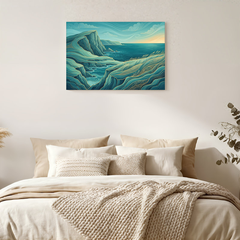 Art mural sur toile bleu sarcelle et falaises côtières stylisées, 20"H x 30"W
