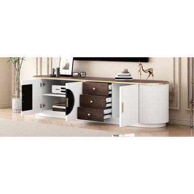 Meuble audio-vidéo blanc pour téléviseur de 80 po, 3, 2 avec poignées en métal et 1 étagère de décoration moderne, 3 tiroirs, 2 armoires, décoration intérieure