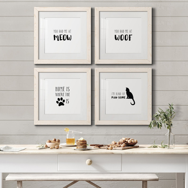 Had Me at Meow - Ensemble de 4 pièces d'art textuel sur toile, H 17 po x l 34 po x P 1,5 po, Toile avec encadrement blanc