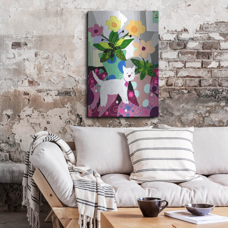 Art mural en métal «White Kitty and Flowers» par Holly McGee par Red Barrel Studio®, H 36 po x l 24 po