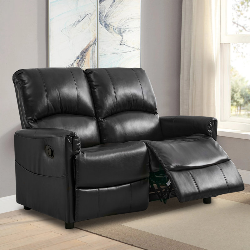 PU Leather Upholstered Manual Reclining Loveseat Sofa, Black