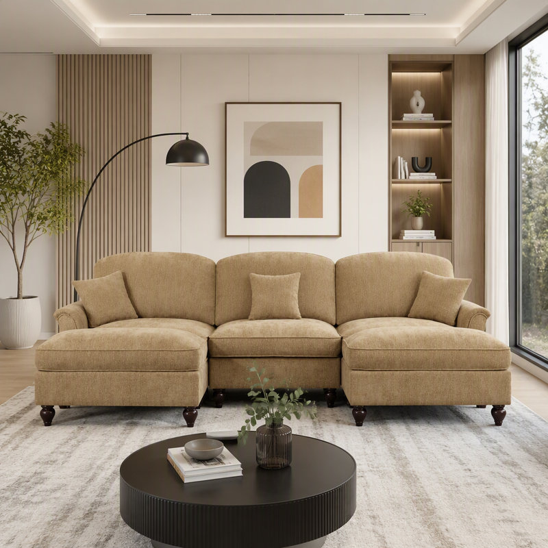 Canapé modulaire en U avec accoudoirs évasés et volants amovibles, Light Coffee, 3 sièges