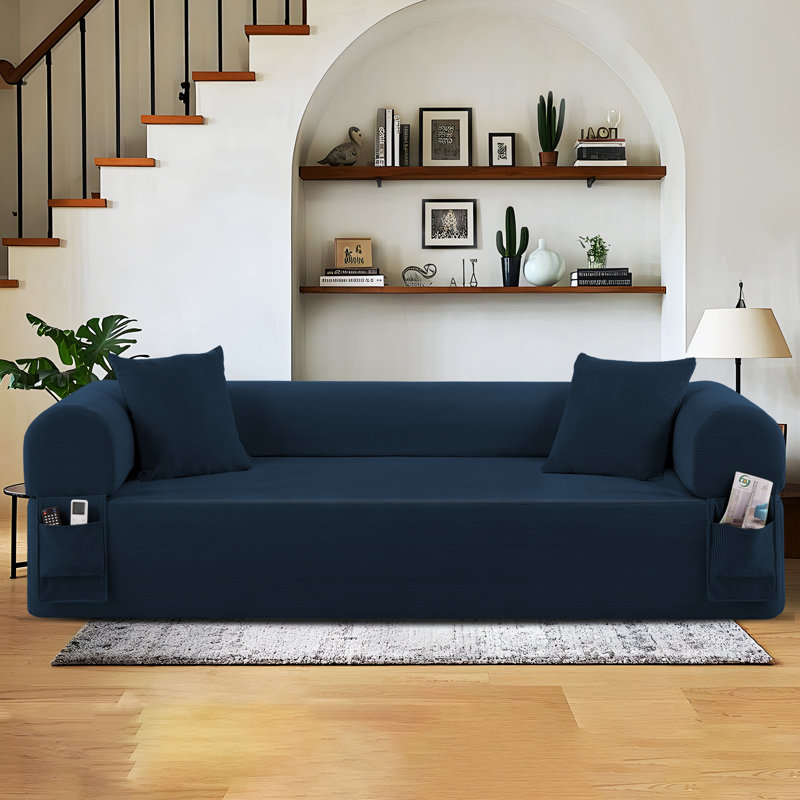 Boneless 82.5" Floor Sofa with 2 Pillows, 3-Seat Corduroy Hybrid Pocketed Spring Couch, Compression Sofa for Living Room Bedroom Lounge, No Assembly Needed
