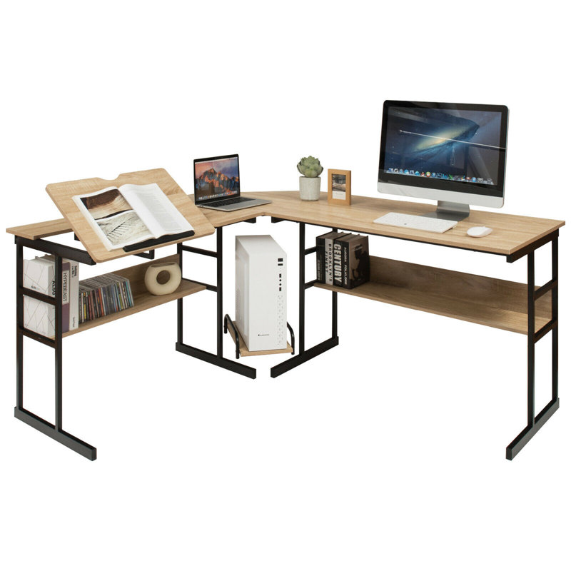 Doireann L-Shaped Metal Base Drafting Table, Natural/Black