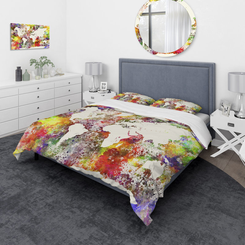 King Multicolor Microfiber World Map Duvet Cover Set
