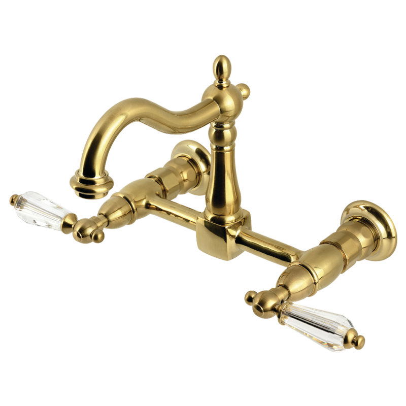 Kingston Brass Double-Handle 2-Hole Wall-Mount Bridge Kitchen Faucet, Lever Handle, Brushed Brass