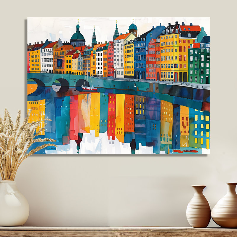 Jaune et vert, paysage du canal de Copenhague I - décoration murale de Copenhague, H 30 po x l 40 po x P 1,5 po, Métal métal