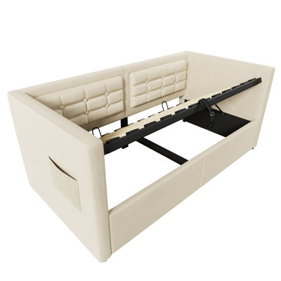 Hydraulic Storage Daybed Velvet Beige Usb Charging Blend Modern Comfort And Convenience