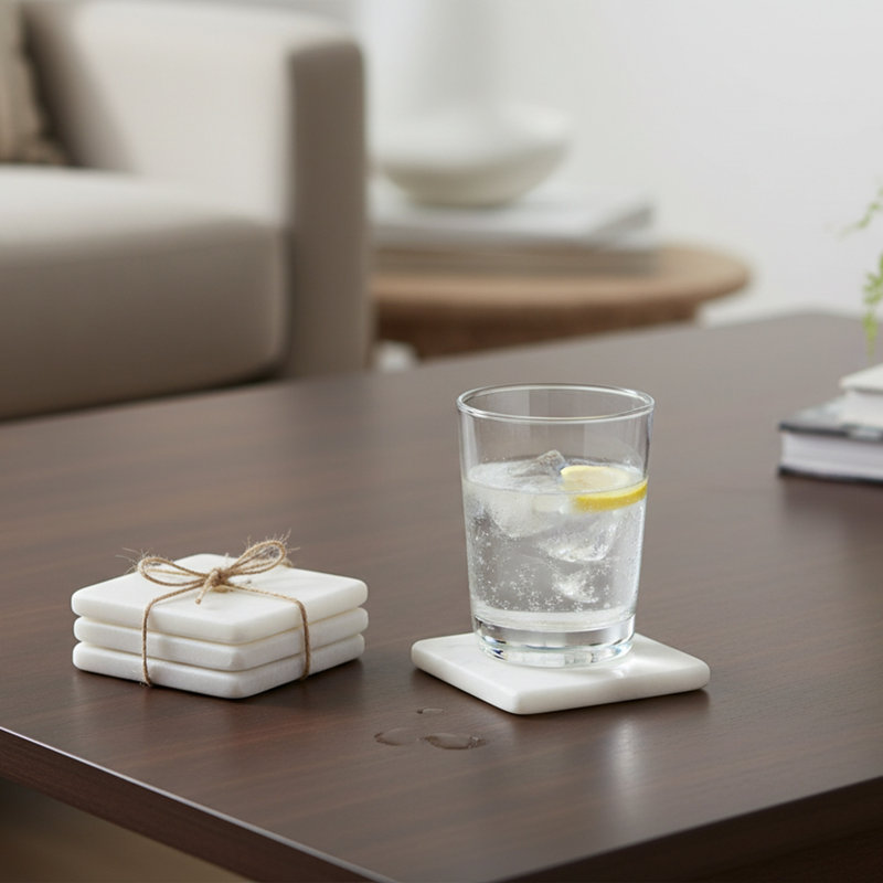 Dessous de verre carré en marbre blanc avec incrustation en laiton, motif tête de cerf, lot de 4