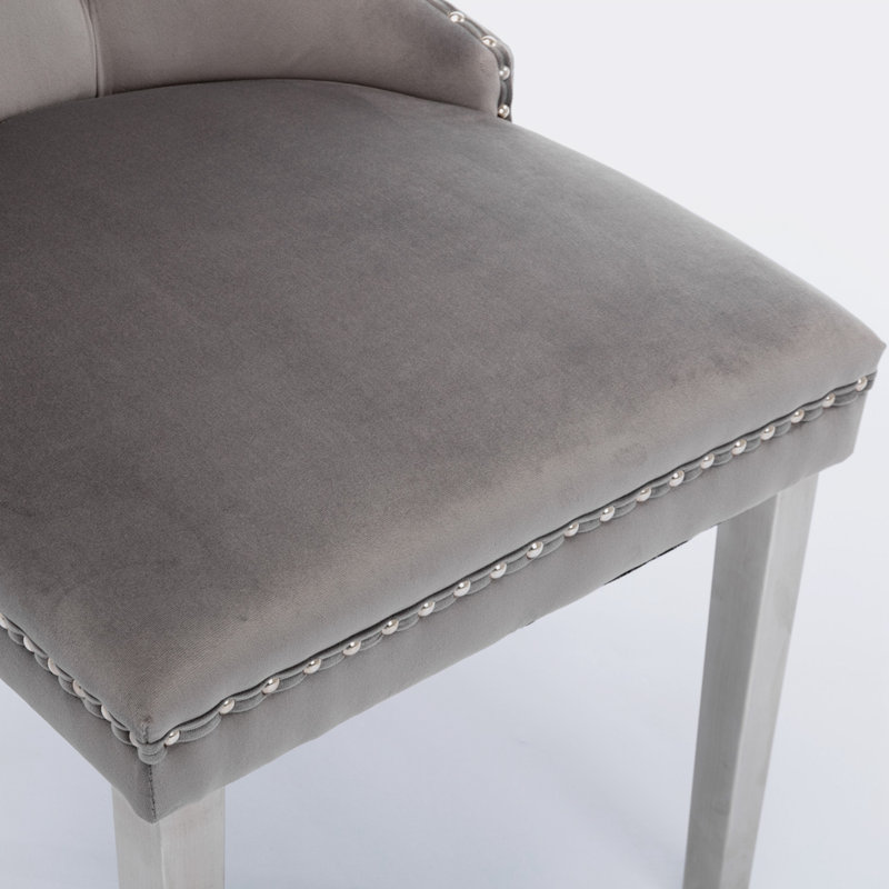 Modern Glam Velvet Upholstered Dining Chair with Pull Ring (Set of 2), Gray, Gray