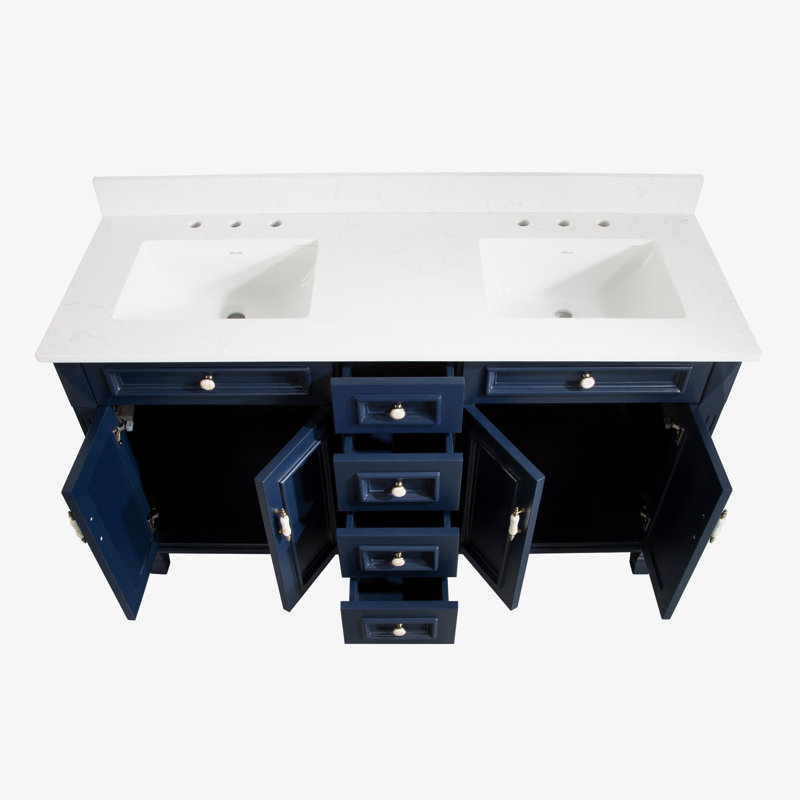 Meuble-lavabo en bois massif H 35 po x l 60 po Elmmanual avec comptoir en quartz blanc Carrera résistant aux taches et lavabo double