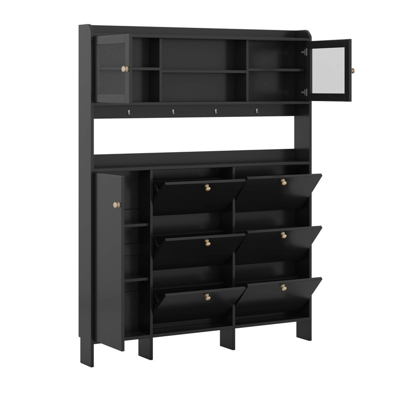 Multi-Functional Tipping Bucket Shoe Cabinet With Storage Shelf & 6 Flip Drawers, Black