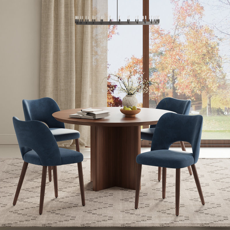  Modern Velvet Upholstered Dining Chair Side Chair with Wooden Legs, Blue