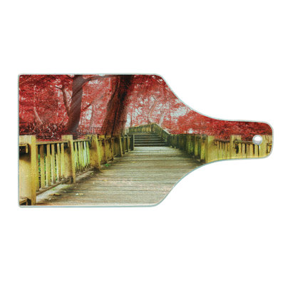 Ambesonne Autumn Tempered Glass Cutting Board Rustic Wooden Walkway Vermilion and Pale Brown