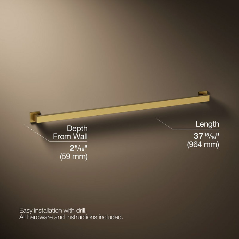 Square Metal Grab Bar for Shower, Bathroom Safety Grab Bar, Tub Rail, 36" W, Vibrant Brushed Moderne Brass
