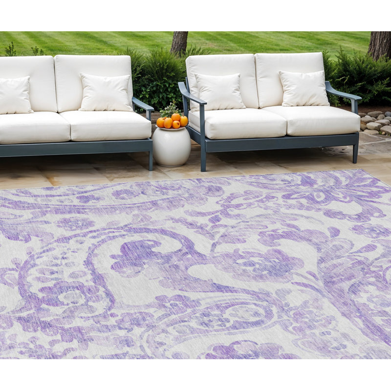 Tapis lavable intérieur / extérieur ivoire et mauve 9 pi x 12 pi à motif cachemire lavande