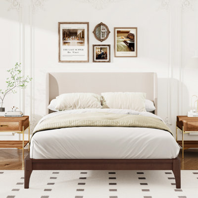 King Size Solid Dry Bamboo Wood Platform Bed,With 48" Upholstered High Headboard,Easy Assembly