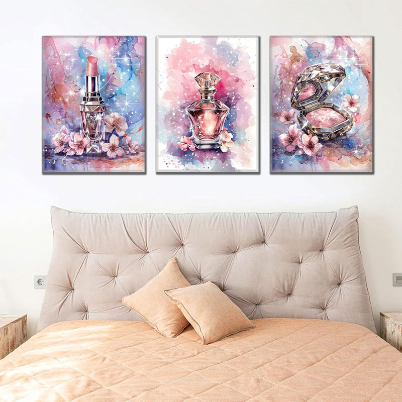 3Pcs Tween Teen Girls Bedroom Wall Art Youth Makeup Room Canvas Posters Pink Trendy Beauty Pictures Wall Decor Perfume Lipstick Cosmetics Prints Painting for Mature Girl Dorm Framed